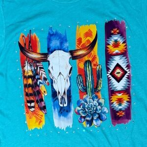 Western Turquoise Graphic Tee with Rhinestones